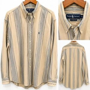 Ralph Lauren Button Down Shirt Men's XL Beige Blue Striped 100% Cotton Classic